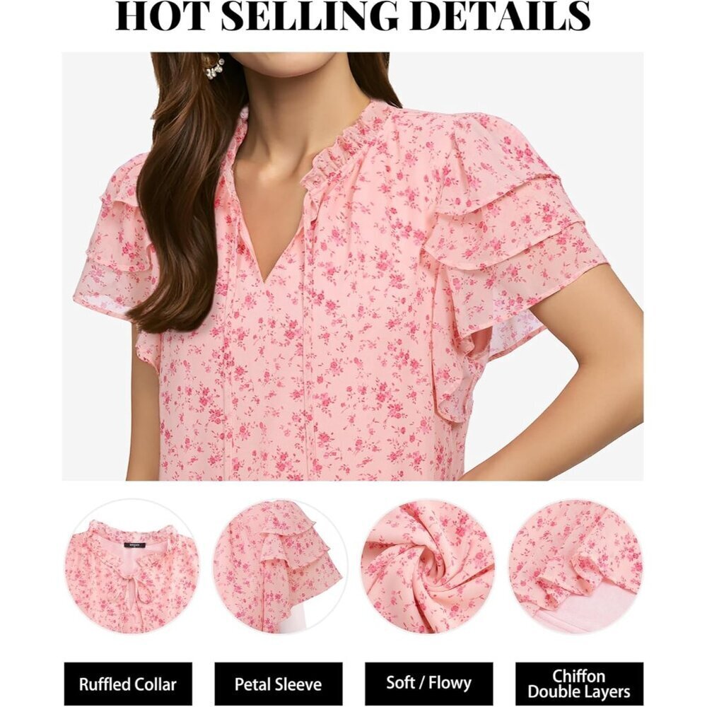 Chiffon Blouse Women Summer Ruffle Sleeves V-Neck Tie Detail Elegant Top - Picture 4 of 6